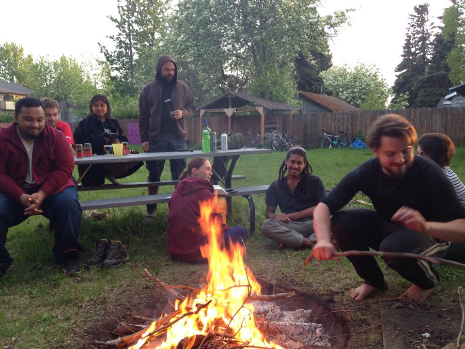 Backyard gathering around a fire at our Hostel in Anchorage